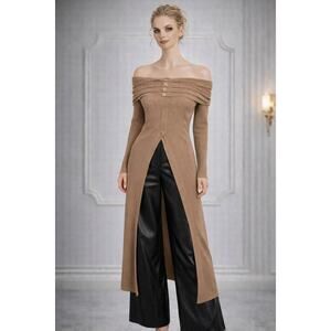 🤎 NWT Ribbed Off-Shoulder Knit Maxi Sweater Dress | High Slit Statement Style